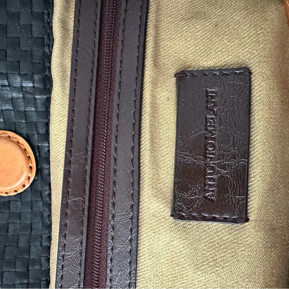 Antonio Melani Black Woven Tote Bag with Tan Leather Straps‎